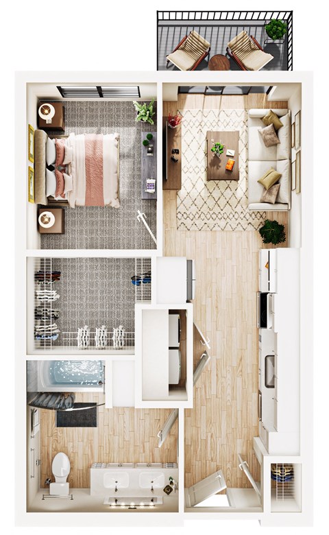 an overhead view of a house with a bedroom and a bathroom